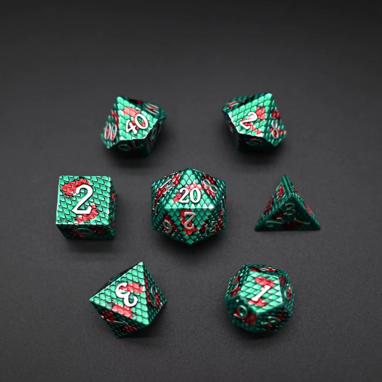 Metal Dragon Born Dice Set - Green & Red