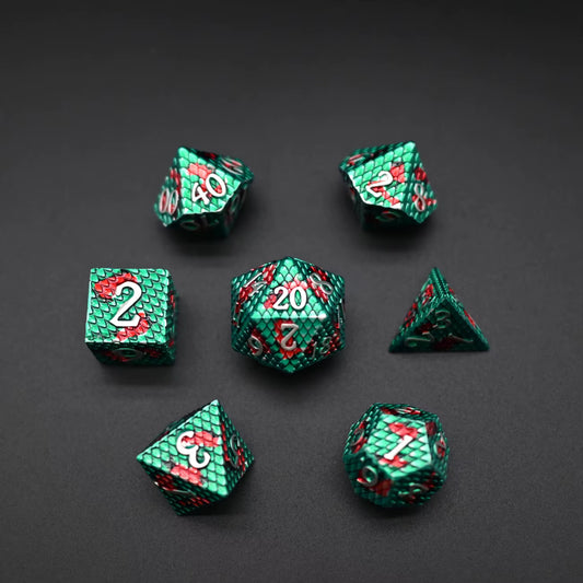 Metal Dragon Born Dice Set - Green & Red