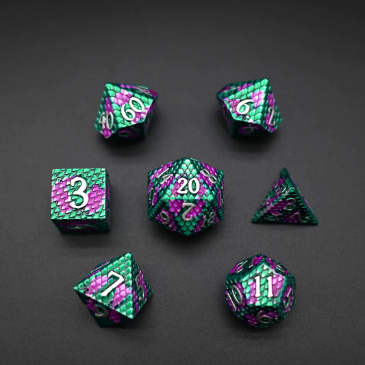 Metal Dragon Born Dice Set - Green & Purple